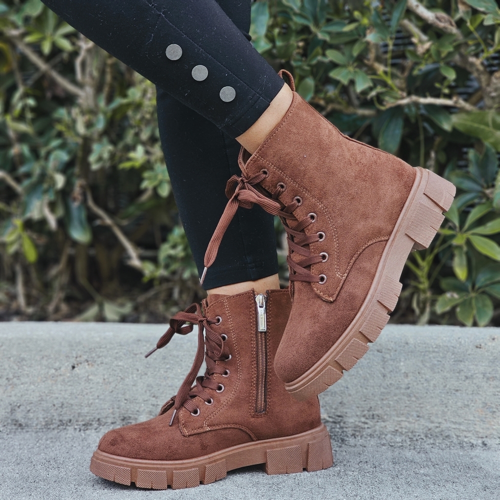 Womens Suede Brown Combat Ankle Boots Lace Up Heeled - Picture 4 of 6